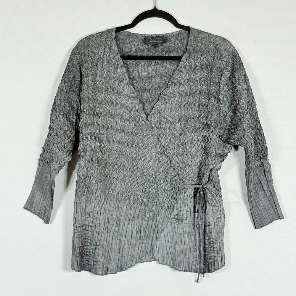 Free Woman Sz 20 Top Shirt Crinkle Silver Shiny V Neck Wrap Elegant Luxe Glamour